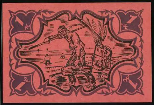 Notgeld Schobüll 1921, 1 /2 Mark, Bauer bei der Feldarbeit