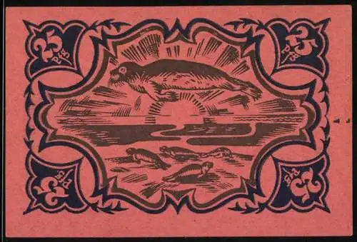 Notgeld Schobüll 1921, 25 Pf, Schein mit Seehund-Motiv und Ornamenten