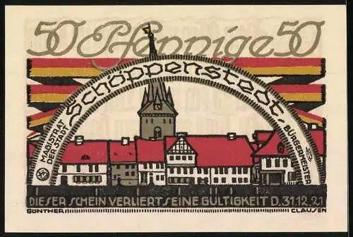 Notgeld Schöppenstedt 1921, 50 Pfennig, Stadtansicht mit Torbogen und gotischem Schriftzug