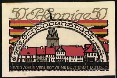 Notgeld Schöppenstedt, 1921, 50 Pfennig, Ratsversammlung und Stadtansicht