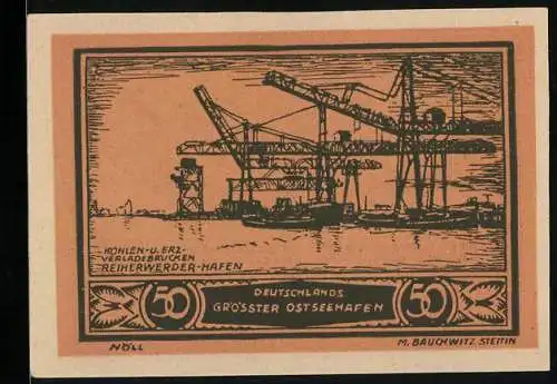 Notgeld Stettin, 1922, 50 Pfennig, Deutschlands grösster Ostseehafen mit Verladebrücken und Hafenkränen