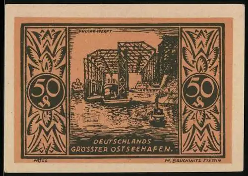 Notgeld Stettin 1922, 50 Pfennig, Deutschlands grösster Ostseehafen, Ersatzwertzeichen