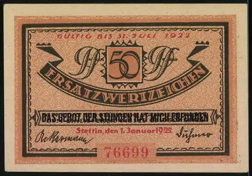 Notgeld Stettin 1922, 50 Pfennig, Deutschlands grösster Ostseehafen, Ersatzwertzeichen