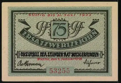 Notgeld Stettin, 1922, 75 Pfennig, Deutschlands grösster Ostseehafen und Ersatzwertzeichen