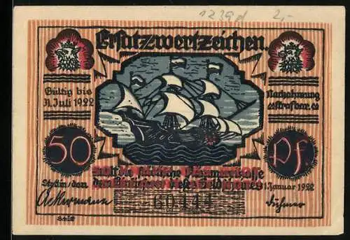 Notgeld Schwarzenbek 1922, 50 Pf, Schiff und Kirchenillustration mit Porträt von Carl Loewe