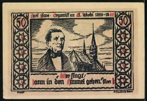 Notgeld Schwarzenbek 1922, 50 Pf, Schiff und Kirchenillustration mit Porträt von Carl Loewe