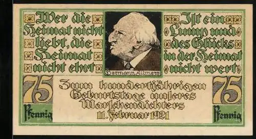 Notgeld Stotel, 1921, 75 Pfennig, zum 100. Geburtstag Hermann Allmers