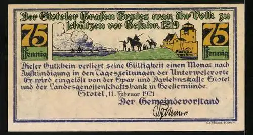 Notgeld Stotel, 1921, 75 Pfennig, zum 100. Geburtstag Hermann Allmers