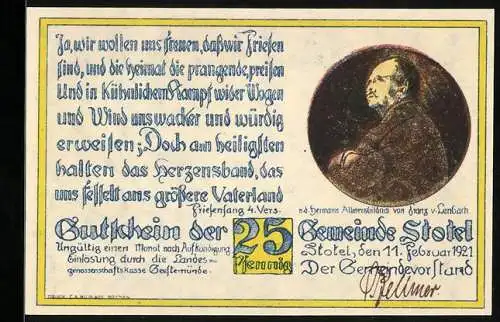 Notgeld Stotel, 1921, 25 Pfennig, Gutschein mit Porträt und Wappen auf Rückseite