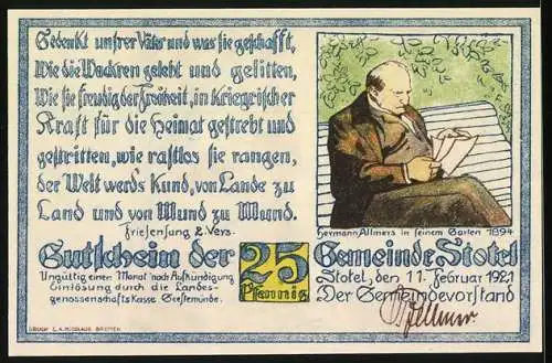 Notgeld Stotel, 1921, 25 Pfennig, Burg mit kämpfenden Menschen und German Allmers im Garten