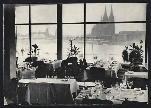 AK Köln am Rhein, Restaurant Rheinterrasse am Tanzbrunnen, Blick zum Dom