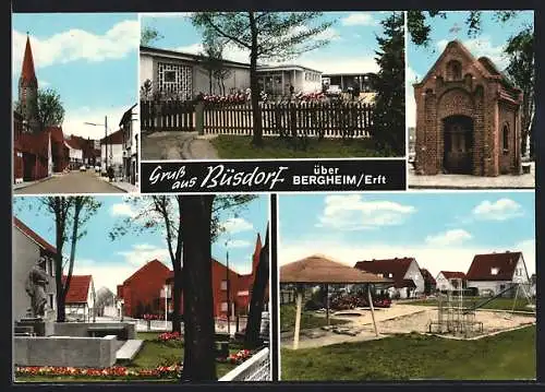 AK Büsdorf über Bergheim /Erft, Strassenpartie, Kapelle, Spielplatz