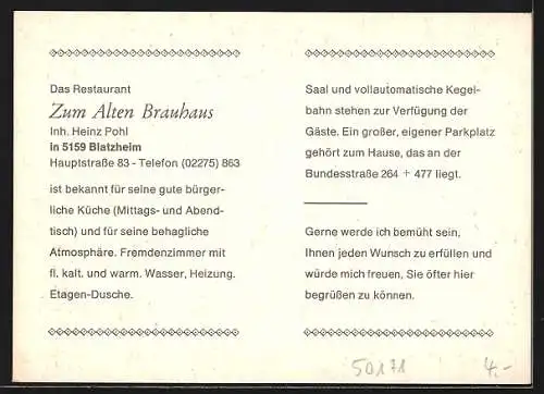 AK Blatzheim, Restaurant zum alten Brauhaus, Hauptstrasse 83