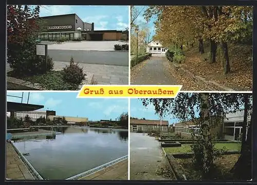 AK Oberaussem, Bürgerhaus, Freibad, Strassenpartie