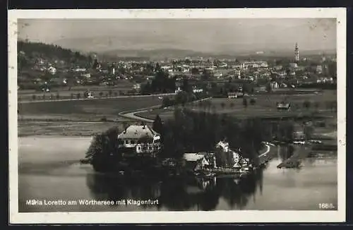 AK Maria Loretto /Wörthersee, Ortsansicht mit Klagenfurt aus der Vogelschau