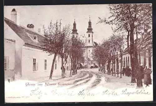 AK Maria Lanzendorf, Strassenansicht mit Blick zur Kirche