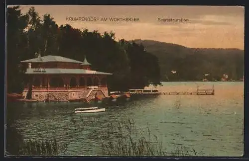 AK Krumpendorf am Wörthersee, Wasserpartie mit Seerestauration