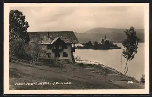 AK Maria Wörth, Pension Seegretl mit Blick auf den Ort