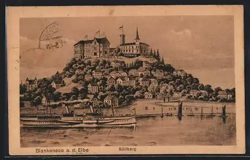 Künstler-AK Hamburg-Blankenese, Süllberg mit Hotel und Dampfer