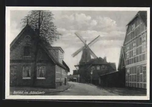 AK Borstel im Altenlande, Ortspartie mit Windmühle