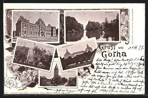 AK Gotha, Schloss Friedenstein, Post, Fontaine