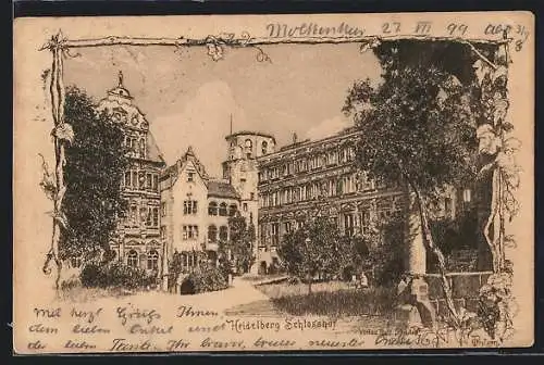 Künstler-AK Heidelberg, Schlosshof mit Garten