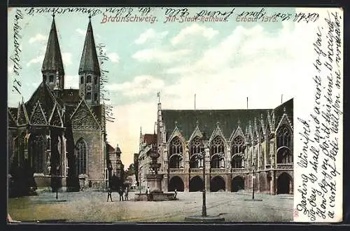 AK Braunschweig, Alt-Stadt-Rathaus mit Brunnen, Erbaut 1375