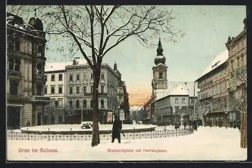 AK Graz, Bismarckplatz mit Herrengasse im Schnee