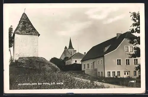 AK Allerheiligen b. Perg, Ortspartie mit Kirche