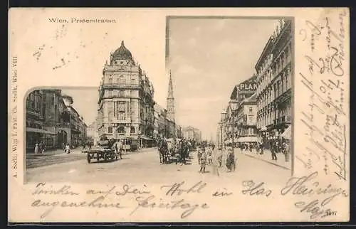 AK Wien, Praterstrasse mit Strassenbahn und Geschäften