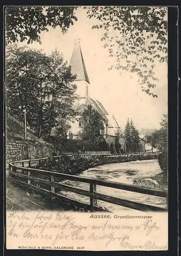 AK Aussee, Grundlseerstrasse mit Kirche