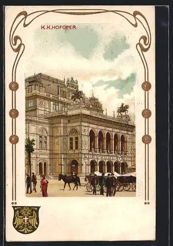 Lithographie Wien, K. K. Hofoper mit Kutschen