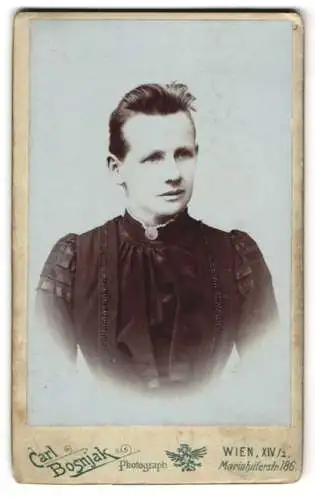 Fotografie Carl Bosnjack, Wien, Mariahilferstr. 186, Junge Dame im Kleid mit Kragenbrosche