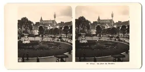 Stereo-Fotografie NPG, Berlin, Ansicht Liege, La place du Theatre, Theterplatz mit Denkmal und Cafe du Point de Vue