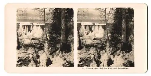 Stereo-Fotografie NPG, Berlin, Ansicht Holmekollen, vereister Wehr auf dem Weg nach Holmekollen