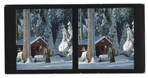 Stereo-Fotografie Chromoplast No. 19, Schöllkopf-Hütte bei Freudenstadt, Winterlandschaft