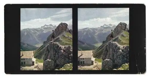 Stereo-Fotografie Chromoplast No. 26, Blick nach der Ostertaghütte mit Bergsteiger