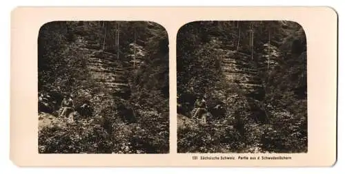 Stereo-Fotografie NPG, Berlin, Ansicht Rathen, Partie aus den Schwedenlöchern mit Wanderer