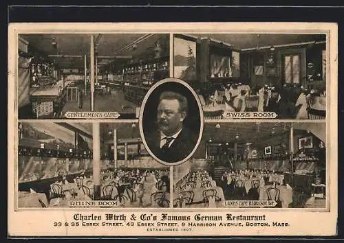 AK Boston, MA, Charles Wirth & Co`s Famous German Restaurant, 33-35 Essex St, 43 Essex St, 9 Harrison Ave