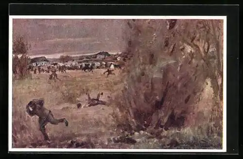 Künstler-AK Rotes Kreuz Nr. 446: Einschlagende Fliegerbombe neben Soldaten