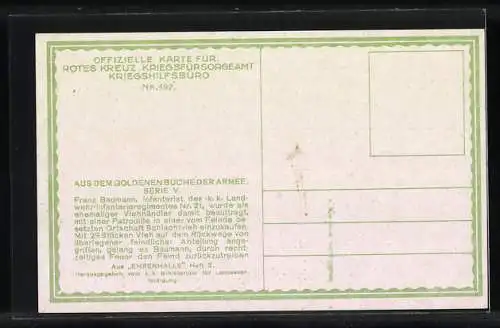 AK Nr.497: Rotes Kreuz, Infanterist Franz Baumann bekämpft feindliche Soldaten im Schnee