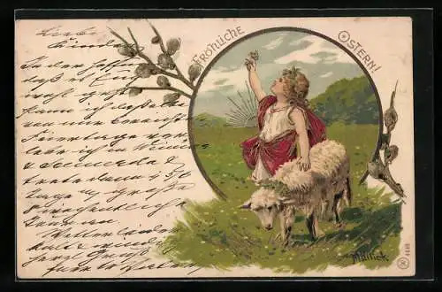 Künstler-AK Alfred Mailick: Mädchen mit einem Lamm auf Blumenwiese, Ostergruss