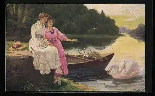 Künstler-AK Alfred Mailick: am Parkweiher, zwei junge Frauen beobachten einen Schwan vom Seeufer aus