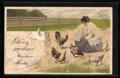 Künstler-AK Alfred Mailick: Bäuerin füttert die Hühner