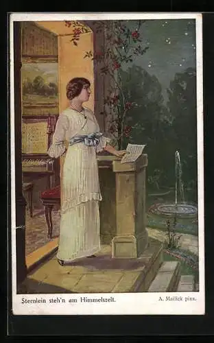 Künstler-AK Alfred Mailick: junge Frau unterm Sternenhimmel auf der Veranda stehend