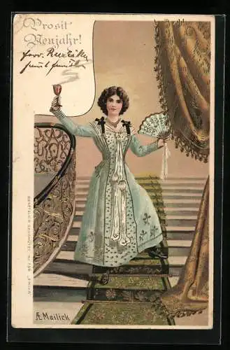 Künstler-AK Alfred Mailick: Fräulein mit Glas auf der Treppe, Neujahrsgruss