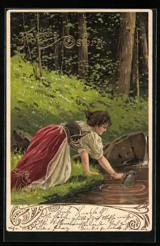 Künstler-AK Alfred Mailick: Frau schöpft am Bach Wasser, Ostergruss