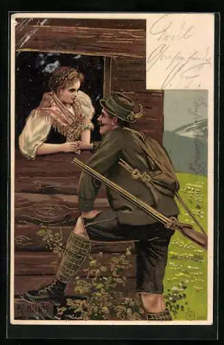 Künstler-AK Alfred Mailick: Jäger verabschiedet sich von seiner Frau, Flinte, Trachten