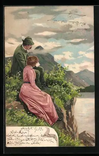 Künstler-AK Alfred Mailick: Paar auf einem Felssporn oberhalb eines Fluss sitzend