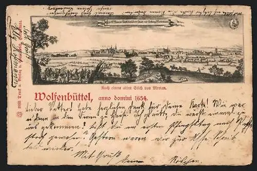 Lithographie Wolfenbüttel, Teilansicht anno domini 1654 nach Merian